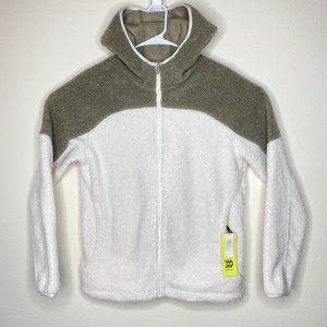 All In Motion Womens Size S Sherpa Full Zip Fuzzy White Brown Hooded Jacket Soft